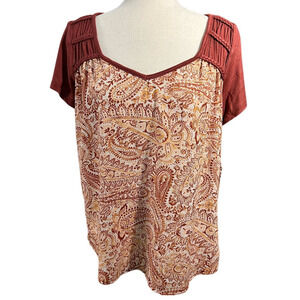 3/$27 NWT Rewind Paisley Top, Heart Neckline w/Ruching & Braiding in Reds, Med
